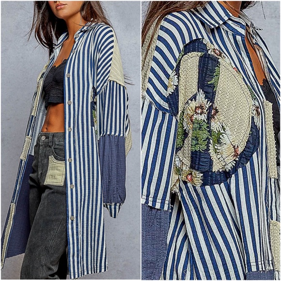 POL Floral Print Peace Patchwork Striped Button Down Long Shirt - Picture 3 of 3